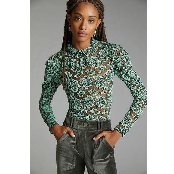 Dolan Tops - Dolan Anthropologie Lace Long Sleeve Sheer Top Green Floral Mesh Blouse Women M